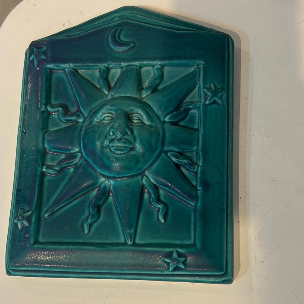 Teal celestial  Sun Moon Stars ceramic tile  artisan Plaque by Tyge Tile